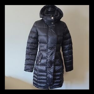 Eliza J Black Down Puffer Coat Zip Off Hood, Long Chic Size XS